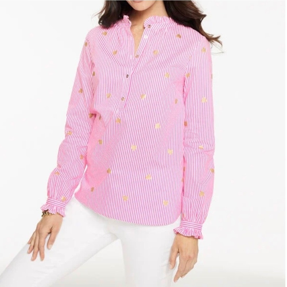Talbots Heart Stripe Poplin Top, Small, Pink/White/Gold, Classy, Feminine,Preppy